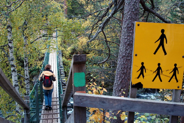 Warnhinweis an Hängebrücke im Oulanka-Nationalpark